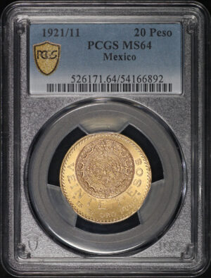 Obverse of this 1921/11 Mexico Gold 20 Pesos KM#478 PCGS MS-64