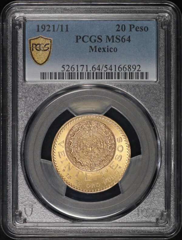 Obverse of this 1921/11 Mexico Gold 20 Pesos KM#478 PCGS MS-64