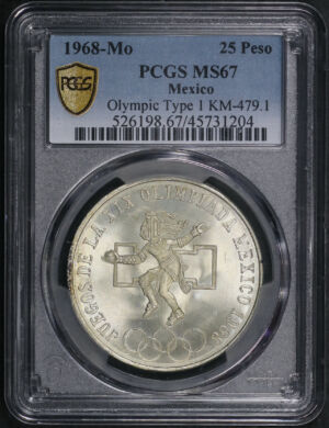 Obverse of this 1968-Mo Mexico Silver 25 Peso Olympic Type 1 Km-479.1 PCGS MS-67