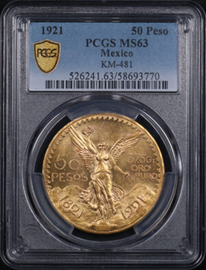 Obverse of this 1921 Mexico Gold 50 Peso KM-481 PCGS MS-63