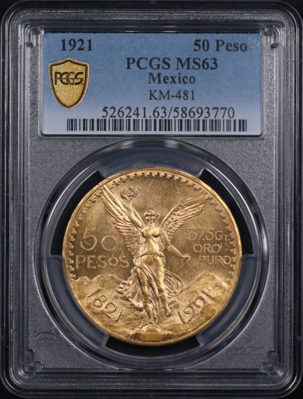Obverse of this 1921 Mexico Gold 50 Peso KM-481 PCGS MS-63