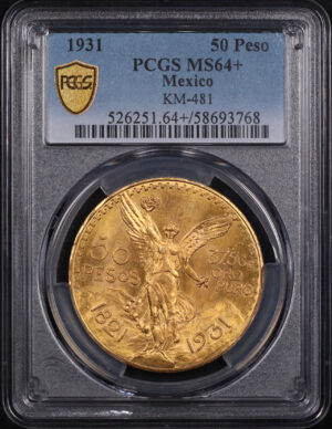 Obverse of this 1931 Mexico Gold 50 Peso KM-481 PCGS MS-64+