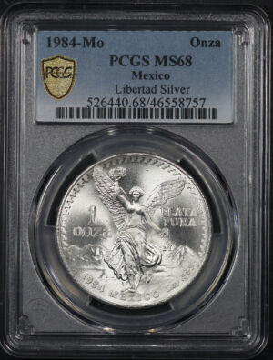Obverse of this 1984-Mo Mexico Silver Libertad Onza PCGS MS-68