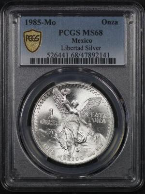 Obverse of this 1985-Mo Mexico Silver Libertad Onza PCGS MS-68
