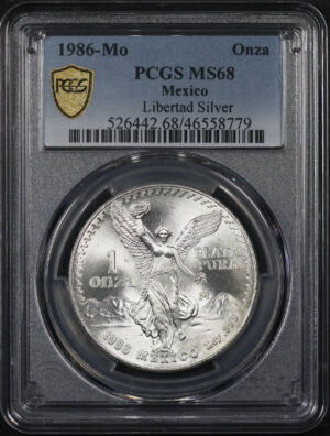Obverse of this 1986-Mo Mexico Silver Libertad Onza PCGS MS-68