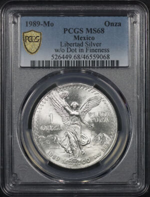 Obverse of this 1989-Mo Mexico Silver Libertad Onza – w/o Dot in Fineness PCGS MS-68