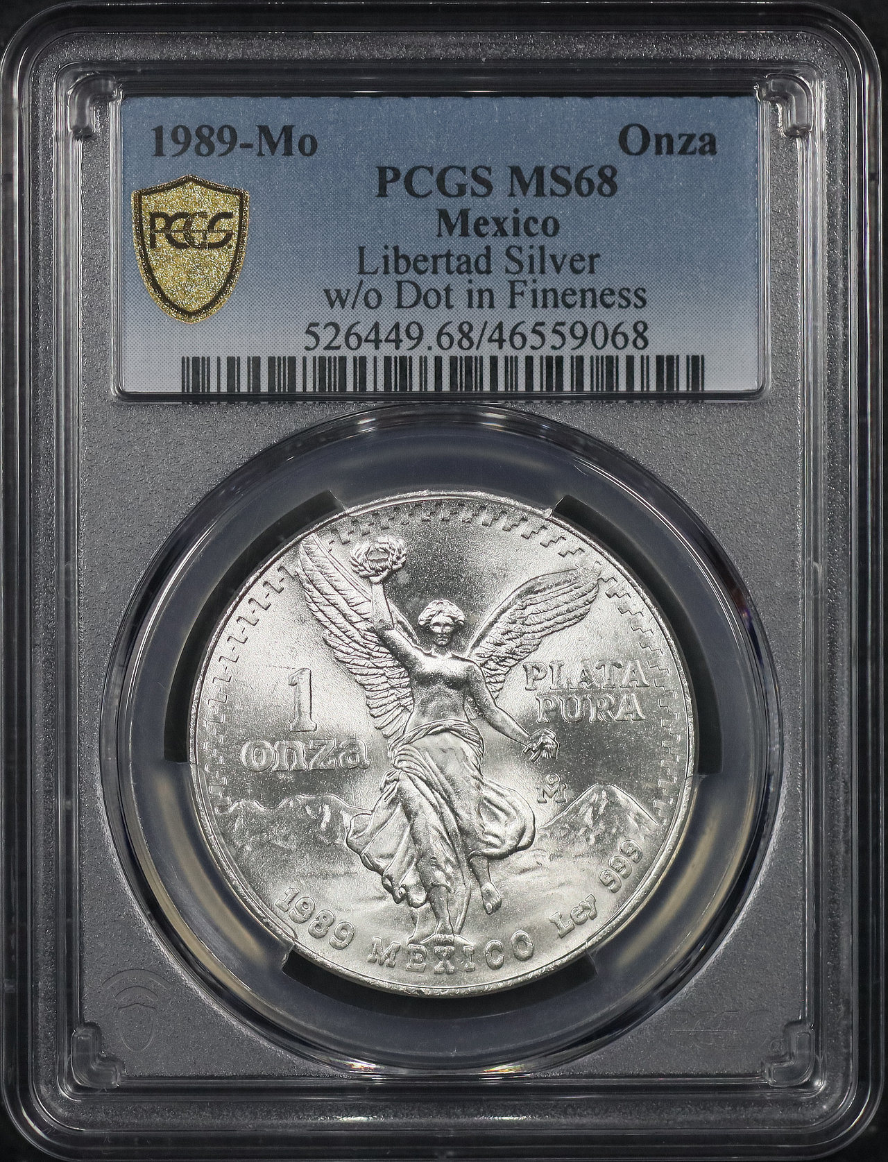 Obverse of this 1989-Mo Mexico Silver Libertad Onza – w/o Dot in Fineness PCGS MS-68
