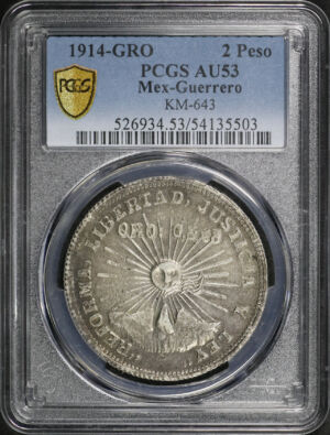 Obverse of this 1914-GRO Mexico Silver 2 Peso KM-643 PCGS AU-53