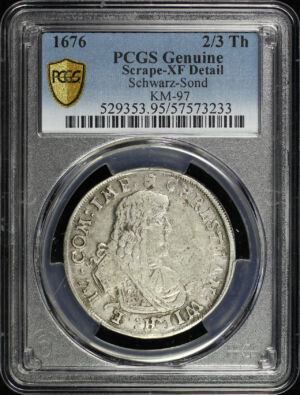 Obverse of this 1676 German States Schwarzburg-Sondershausen Silver 2/3 Thaler KM-97 PCGS XF Details Scrape
