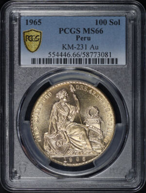 Obverse of this 1965 Peru Gold 100 Soles Seated Liberty KM-231 Au PCGS MS-66