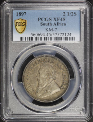 Obverse of this 1897 South Africa KM-7 2.5 Shilling PCGS XF-45