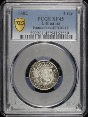 Obverse of this 1582 Lithuania Silver 3 Groschens Ivanauskas-4SB36-11 PCGS XF-45