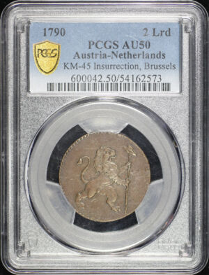 Obverse of this 1790 Austria-Netherlands KM-45 Insurrection, Brussels 2 Lrd  PCGS AU-50 BN