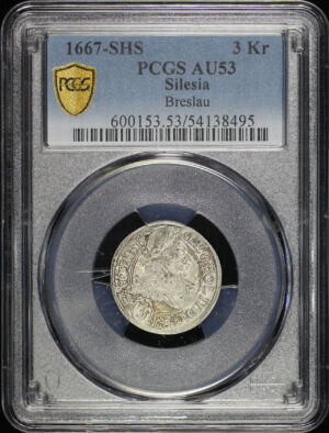 Obverse of this 1667-SHS Silesia Breslau 3Kr PCGS AU-53