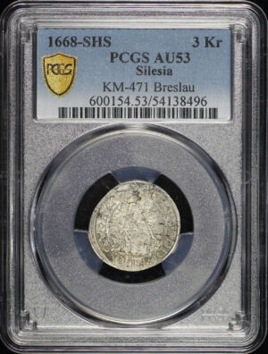 Obverse of this 1668-SHS Silesia, Breslau KM-471 3Kr  PCGS AU-53