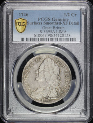 Obverse of this 1746 LIMA Great Britain King George II Silver 1/2 Crown S-3695A KM-584.3 PCGS XF Details Surfaces Smoothed