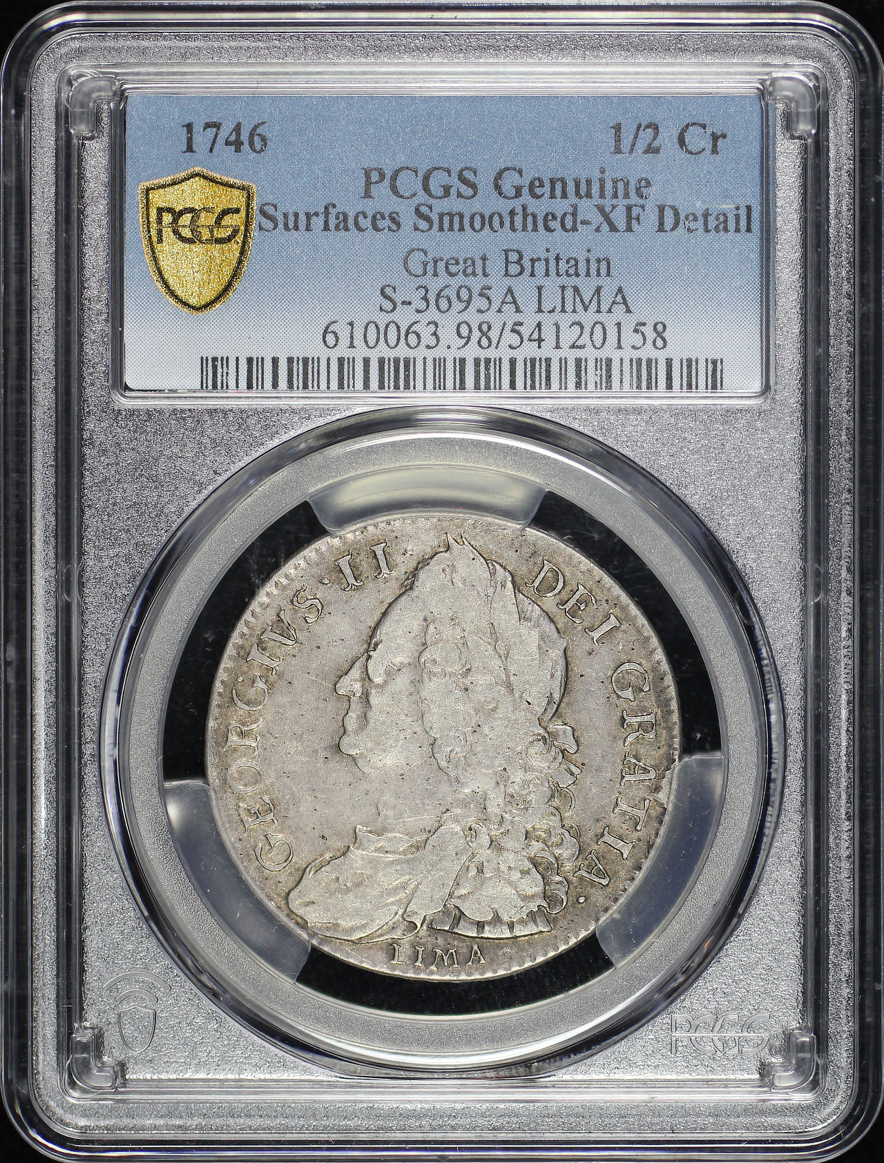 Obverse of this 1746 LIMA Great Britain King George II Silver 1/2 Crown S-3695A KM-584.3 PCGS XF Details Surfaces Smoothed