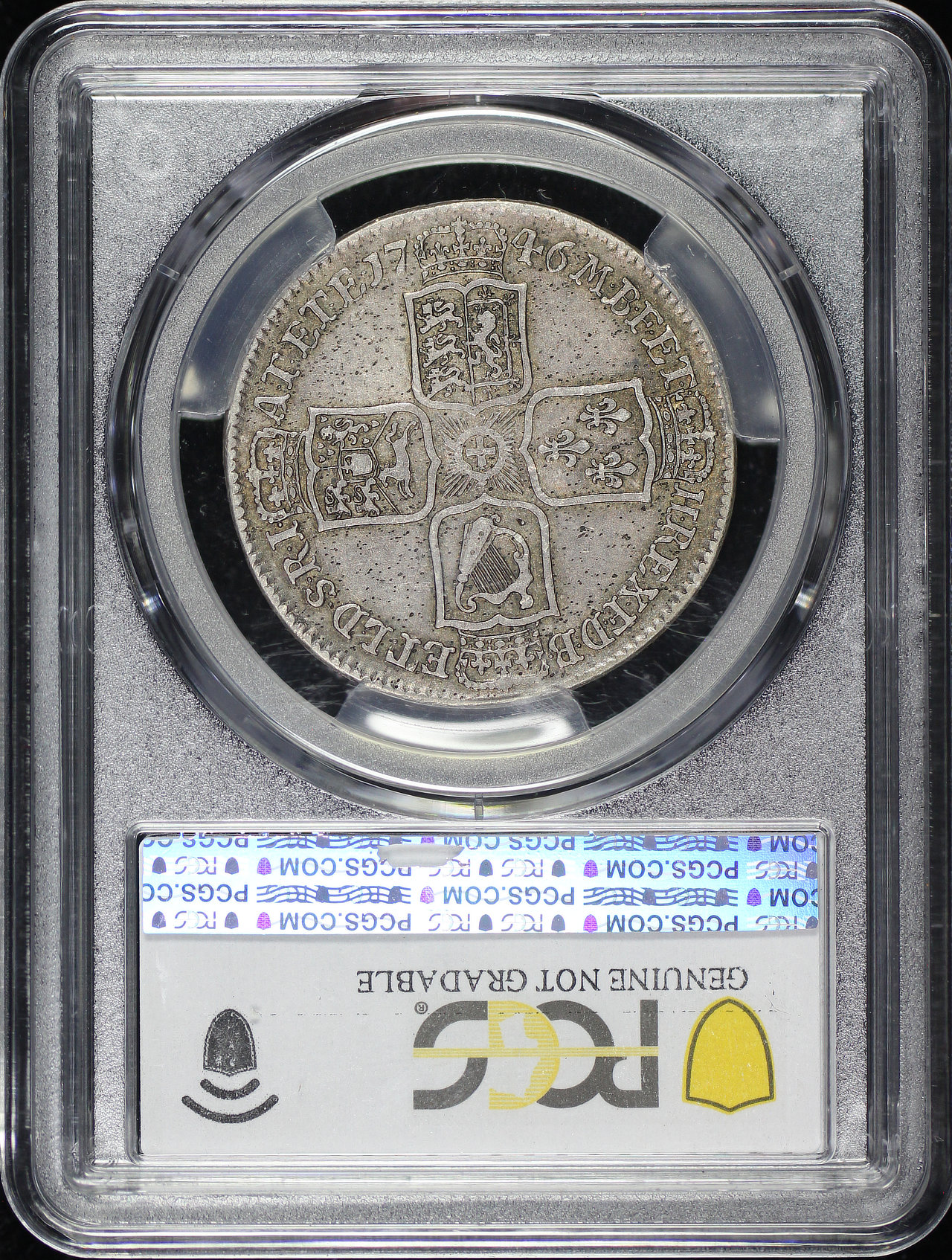 Reverse of this 1746 LIMA Great Britain King George II Silver 1/2 Crown S-3695A KM-584.3 PCGS XF Details Surfaces Smoothed