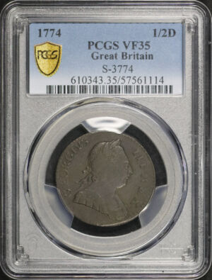 Obverse of this 1774 Great Britain 1/2 Penny S-3774 PCGS VF-35 BN