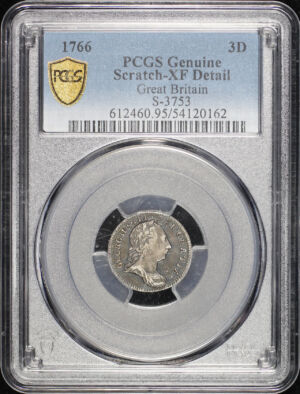 Obverse of this 1766 Great Britain King George III Silver 3 Pence S-3753 KM-591 PCGS XF Details Scratched