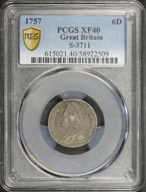 Obverse of this 1757 Great Britain S-3711 6D PCGS XF-40