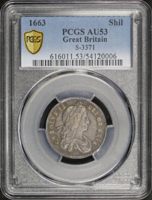 Obverse of this 1663 Great Britain King Charles II Silver 1 Shilling S-3371 KM-418 PCGS AU-53