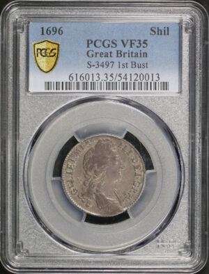 Obverse of this 1696 Great Britain S-3497 1st Bust Shilling PCGS VF-35