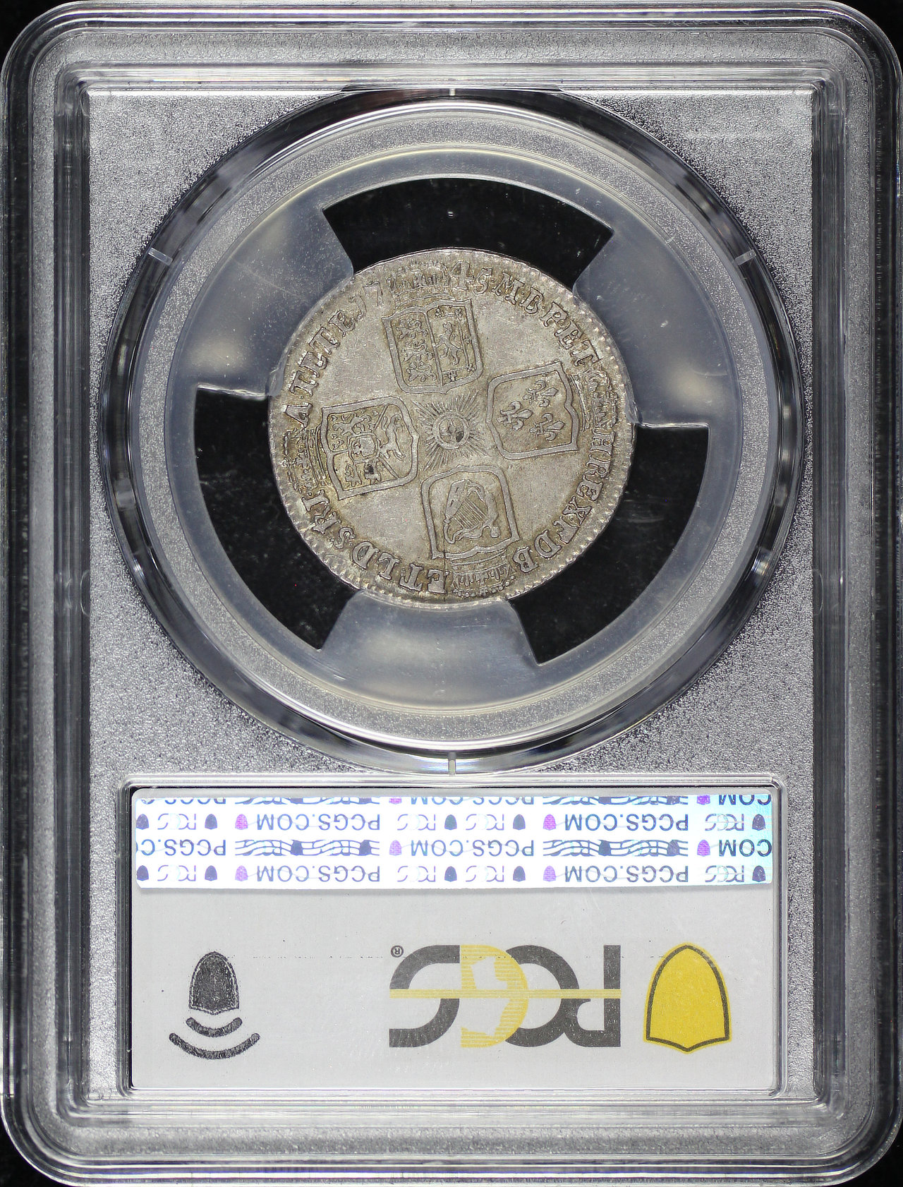 Reverse of this 1745 LIMA Great Britain King George II Silver 1 Shilling S-3703 KM-583.2 PCGS AU-50