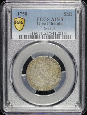 Obverse of this 1758 Great Britain King George II Silver Shilling S-3704 KM-583.3 PCGS AU-55