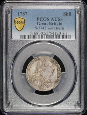 Obverse of this 1787 Great Britain King George III Silver 1 Shilling S-3743 w/o Hearts KM-607 PCGS AU-55