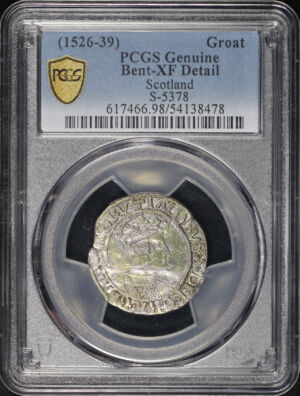 Obverse of this (1526-39) Scotland Silver Groat S-5378 PCGS XF Details Bent