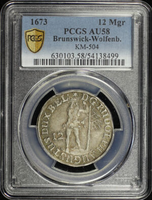 Obverse of this 1673 German States Brunswick-Wolfenbüttel Silver 12 Mariengroschen (1/3 Thaler) KM-504 PCGS AU-58