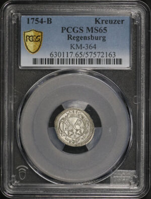 Obverse of this 1754-B Regenburg Kreuzer KM-364 PCGS MS-65