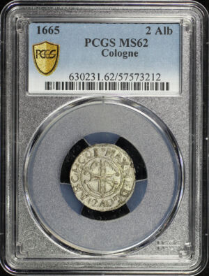 Obverse of this 1665 German States Cologne Silver 2 Albus KM-44 PCGS MS-62