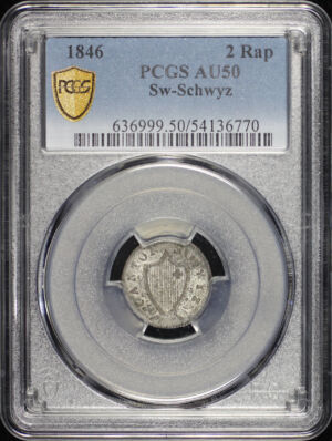 Obverse of this 1846 Switzerland Canton of Schwyz Billon 2 Rappen KM-62 PCGS AU-50