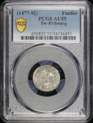Obverse of this (1477-92) Fribourg, Switzerland Funfer PCGS AU-55