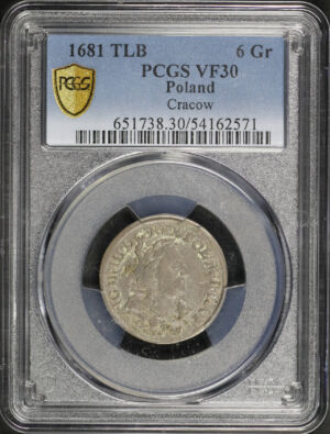 Obverse of this 1681 TLB Poland Cracow 6Gr PCGS VF-30