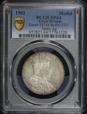 Obverse of this 1902 Great Britain Silver Medal Eimer-1871b BHM-3737 Matte Ag PCGS Sp-64