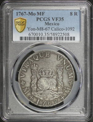 Obverse of this 1767-Mo MF Mexico Yon-M8-67 Calico-1092 8 R PCGS VF-35