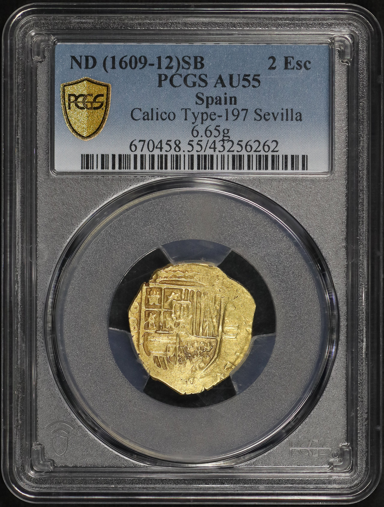 Obverse of this ND (1609-12)SB Spain Sevilla Gold 2 Escudos Calico Type-197 6.65g KM#53 PCGS AU-55