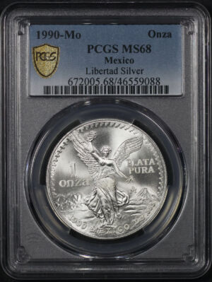 Obverse of this 1990-Mo Mexico Silver Libertad Onza PCGS MS-68