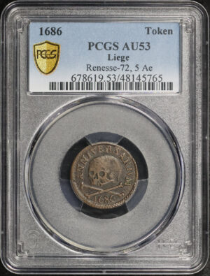 Obverse of this 1686 Liege Token Renesse-71, 5 AE PCGS AU-53 BN