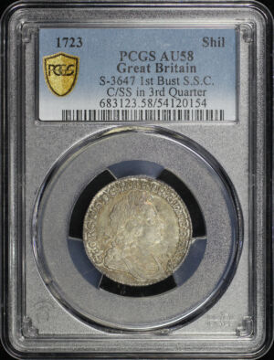 Obverse of this 1723 Great Britain S-3647 1st Bust S.S.C. – C/SS in 3rd Quarter Shilling PCGS AU-58