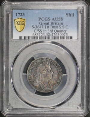Obverse of this 1723 Great Britain S-3647 1st Bust S.S.C C/SS In 3rd Quarter Shilling PCGS AU-58