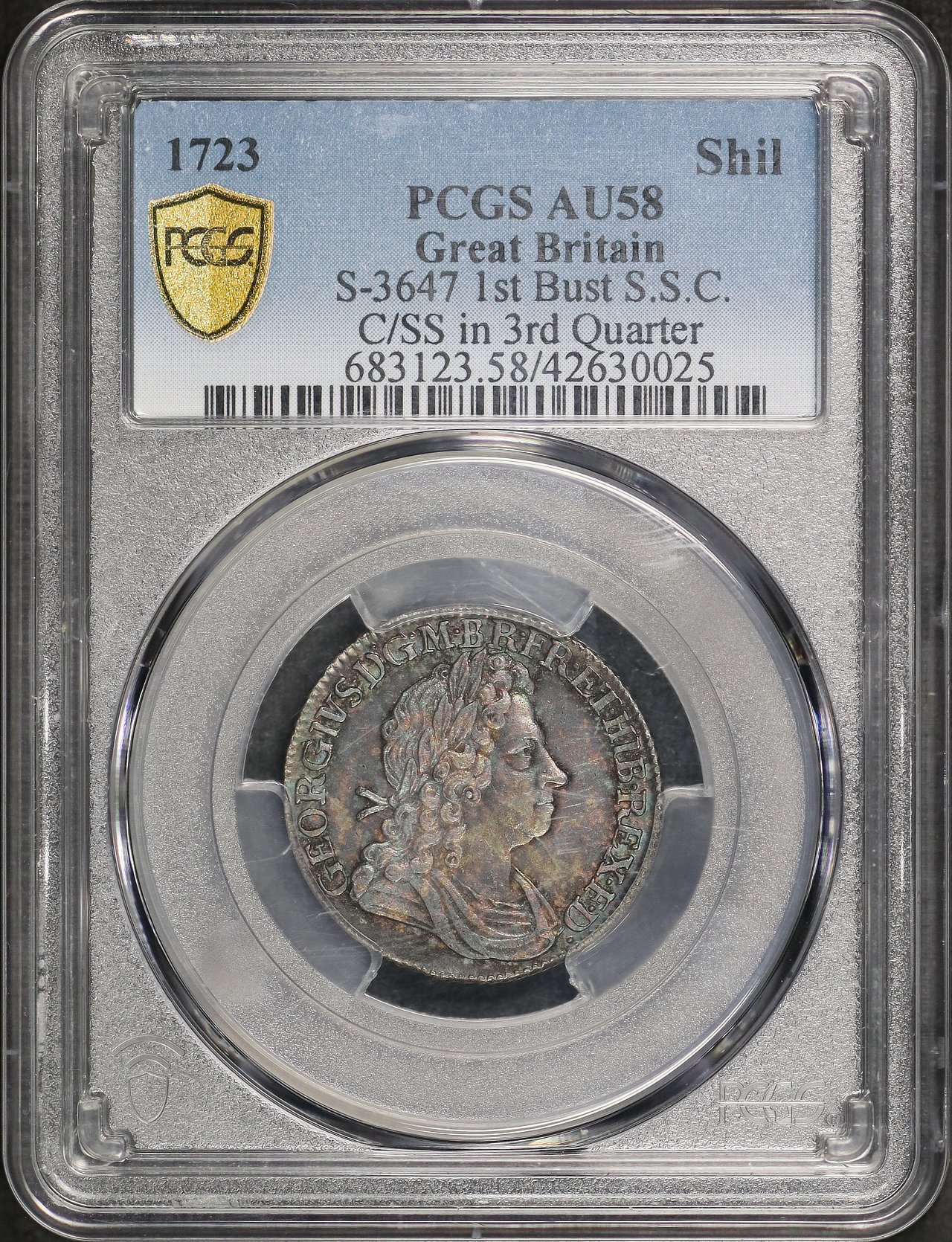 Obverse of this 1723 Great Britain S-3647 1st Bust S.S.C C/SS In 3rd Quarter Shilling PCGS AU-58