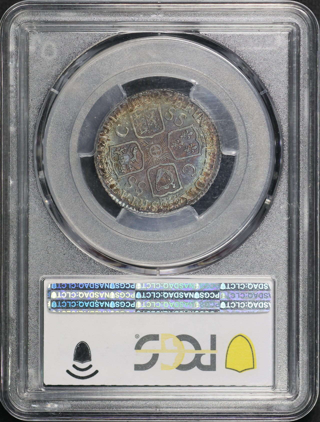 Reverse of this 1723 Great Britain S-3647 1st Bust S.S.C C/SS In 3rd Quarter Shilling PCGS AU-58