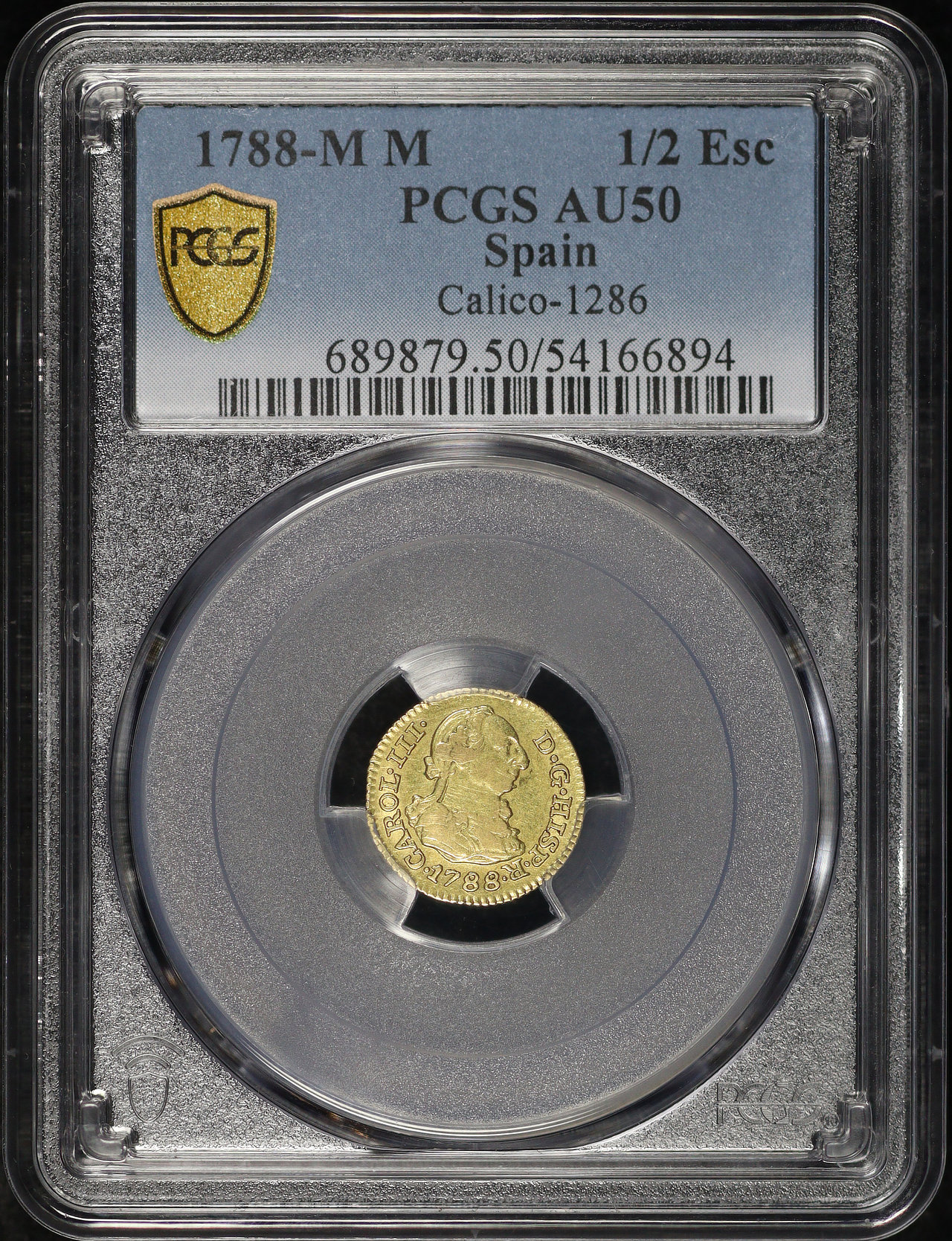 Obverse of this 1788-M M Spain Gold 1/2 Escudo Calico-1286 KM#425 PCGS AU-50