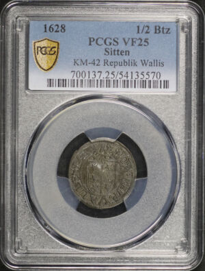 Obverse of this 1628 Republic of Valais 1/2 Batzen KM-42 Republik Wallis PCGS VF-25