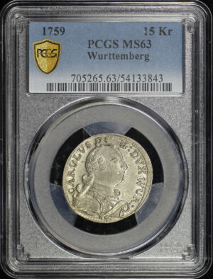 Obverse of this 1759 Wurttemberg 15Kr PCGS MS-63