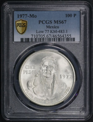 Obverse of this 1977-Mo Mexico Silver 100 Pesos Low 77 KM-483.1 PCGS MS-67